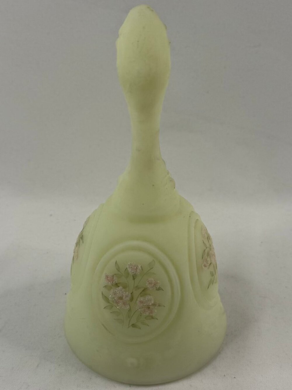 Vintage Uranium Fenton Custard Yellow Satin Glass Bell Hand Painted Signed #4139